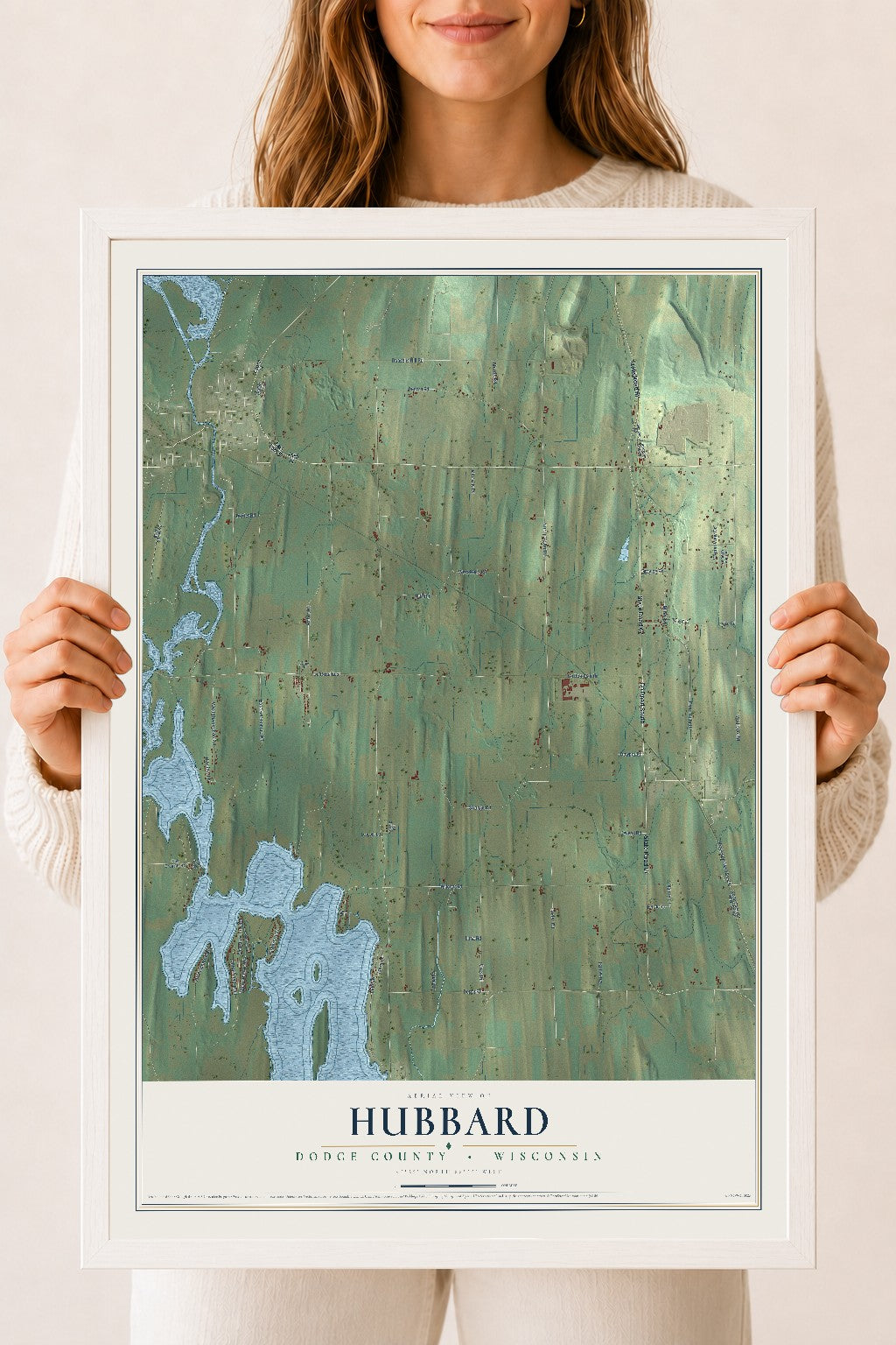 Map of Hubbard, Dodge County, Wisconsin, 18 x 24 inch print in a white wood frame
