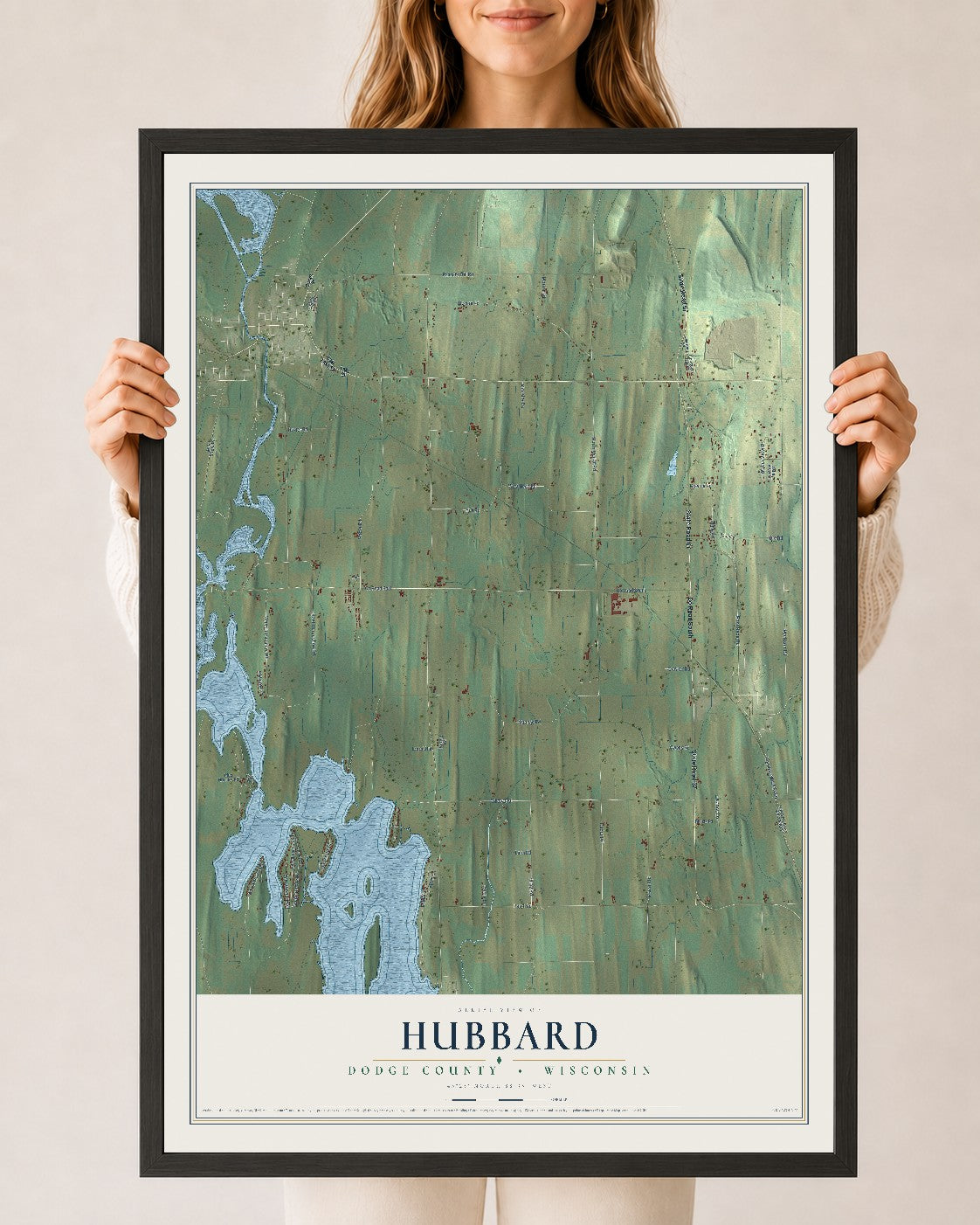 Map of Hubbard, Dodge County, Wisconsin, 24 x 36 inch print in a black wood frame