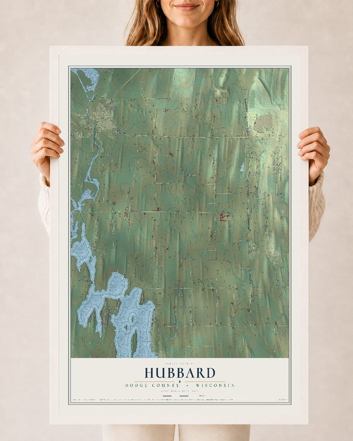 Map of Hubbard, Dodge County, Wisconsin, 24 x 36 inch print in a white wood frame