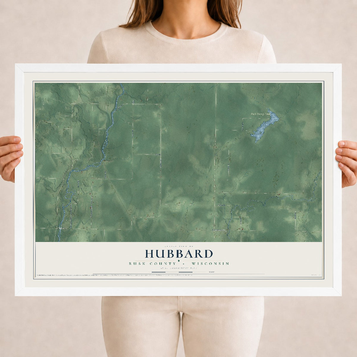 Map of Hubbard, Rusk County, Wisconsin, 18 x 24 inch print in a white wood frame