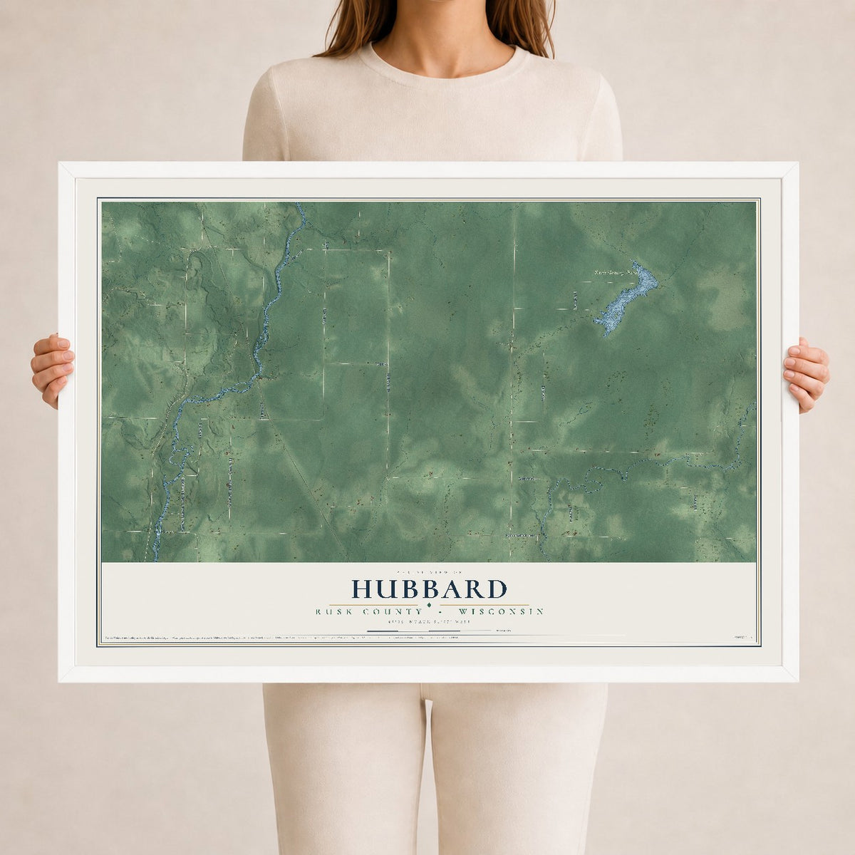 Map of Hubbard, Rusk County, Wisconsin, 24 x 36 inch print in a white wood frame