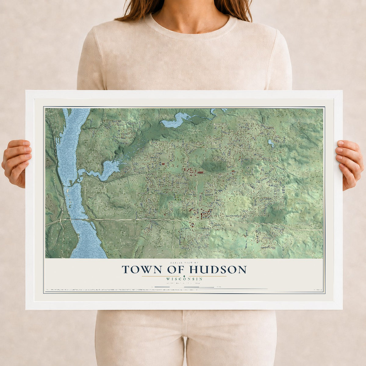 Map of the Town of Hudson, Wisconsin, 12 x 18 inch print in a white wood frame