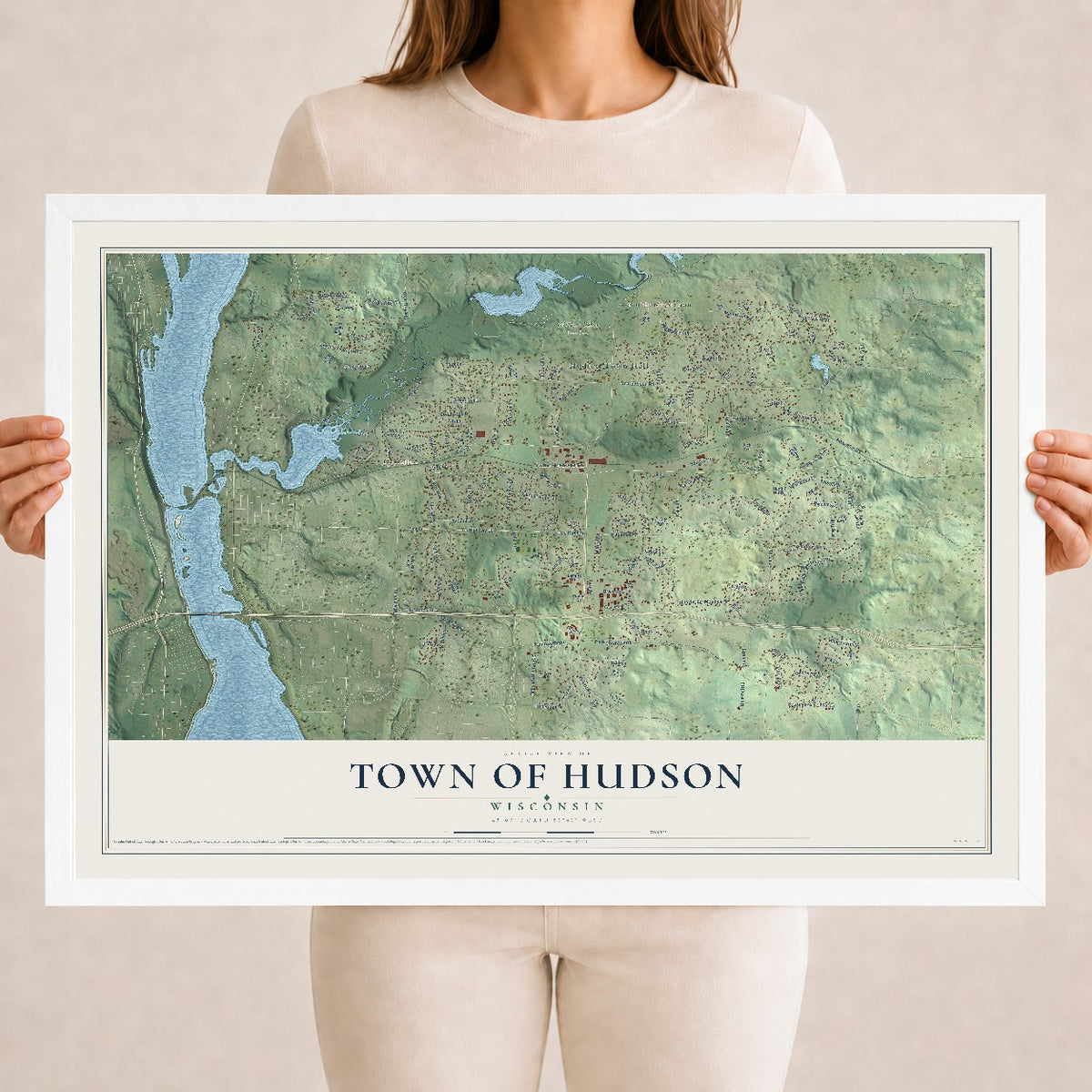 Map of the Town of Hudson, Wisconsin, 18 x 24 inch print in a white wood frame