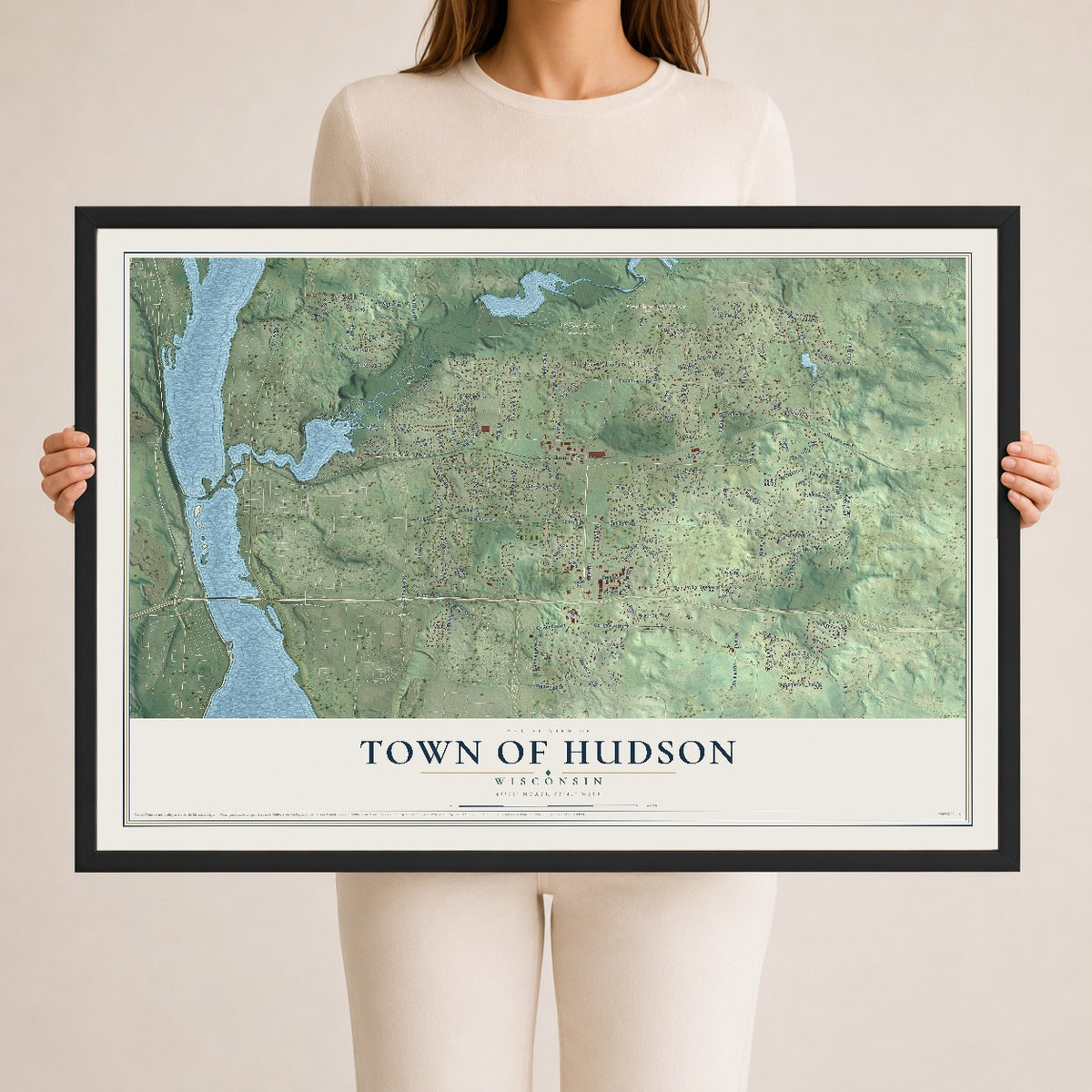 Map of the Town of Hudson, Wisconsin, 24 x 36 inch print in a black wood frame