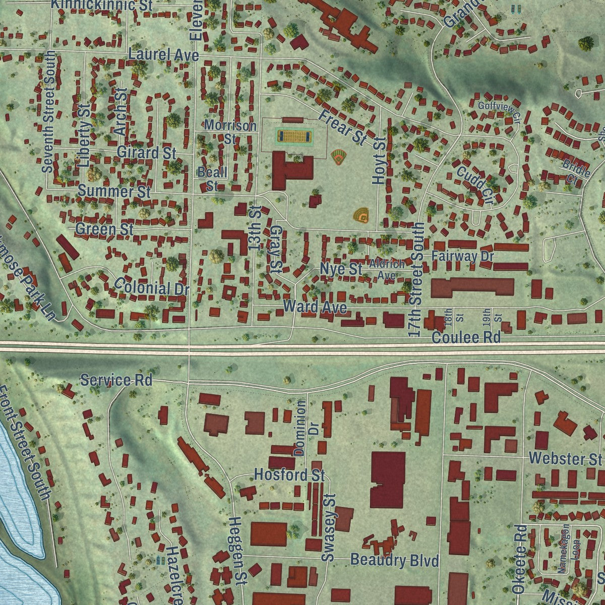 Close-up of the map of Hudson, Wisconsin print showing street and building detail