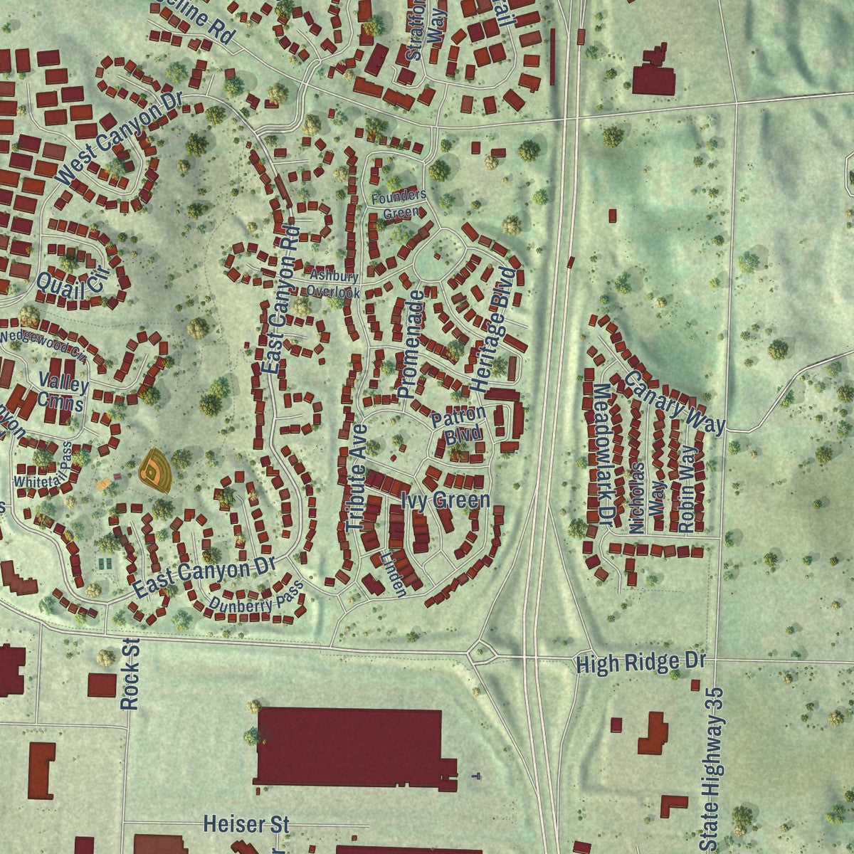 Second close-up of the map of Hudson, Wisconsin print showing more streets and buildings