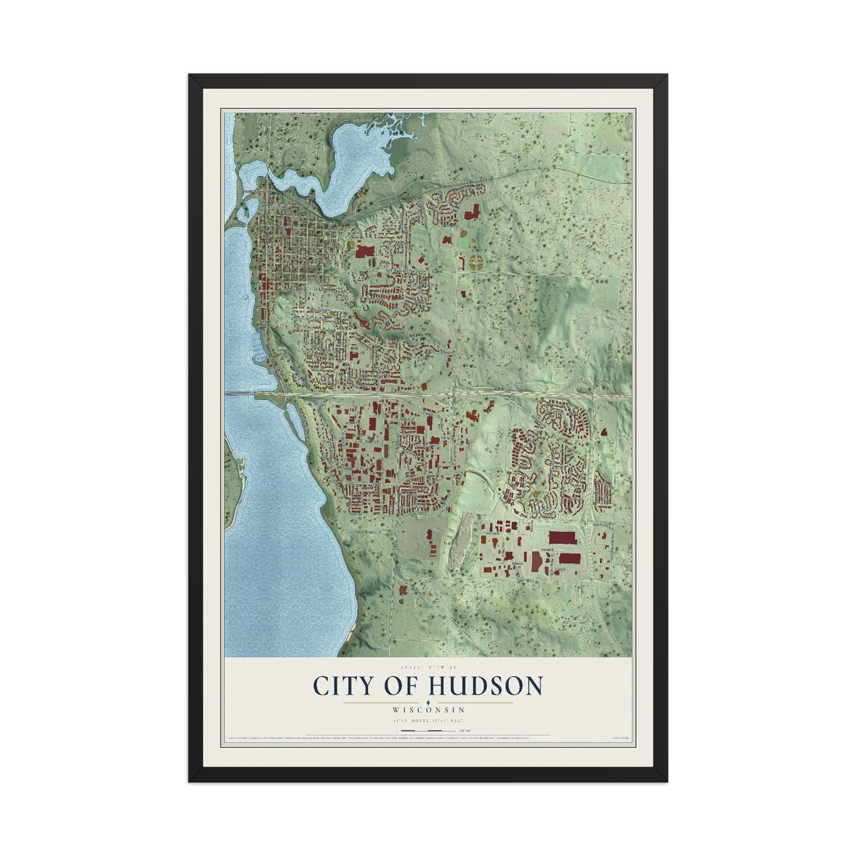 Map of Hudson, Wisconsin, 12 x 18 inch print in a black wood frame