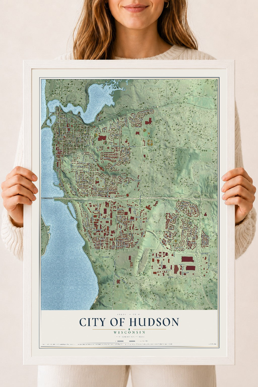 Map of Hudson, Wisconsin, 18 x 24 inch print in a white wood frame