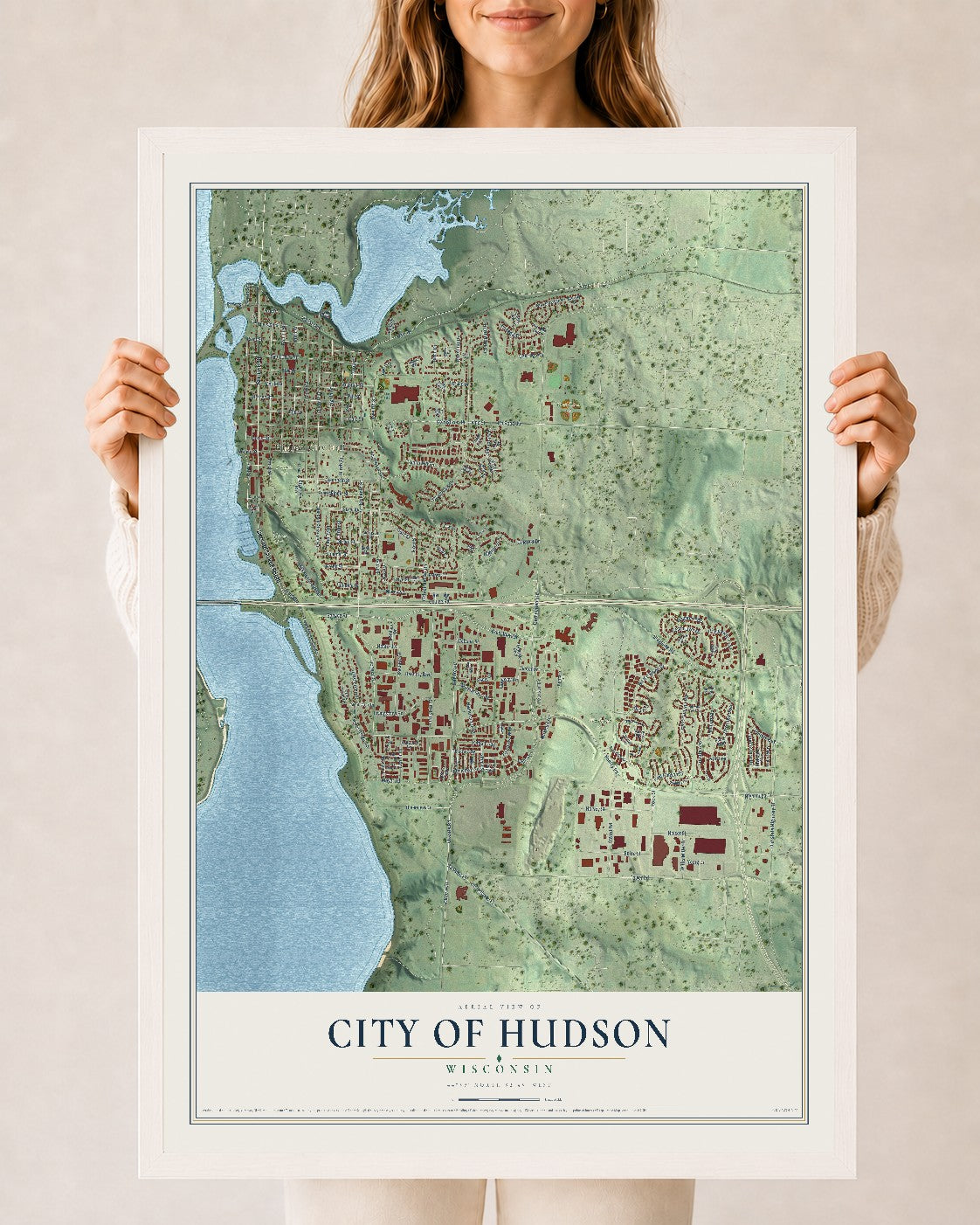 Map of Hudson, Wisconsin, 24 x 36 inch print in a white wood frame