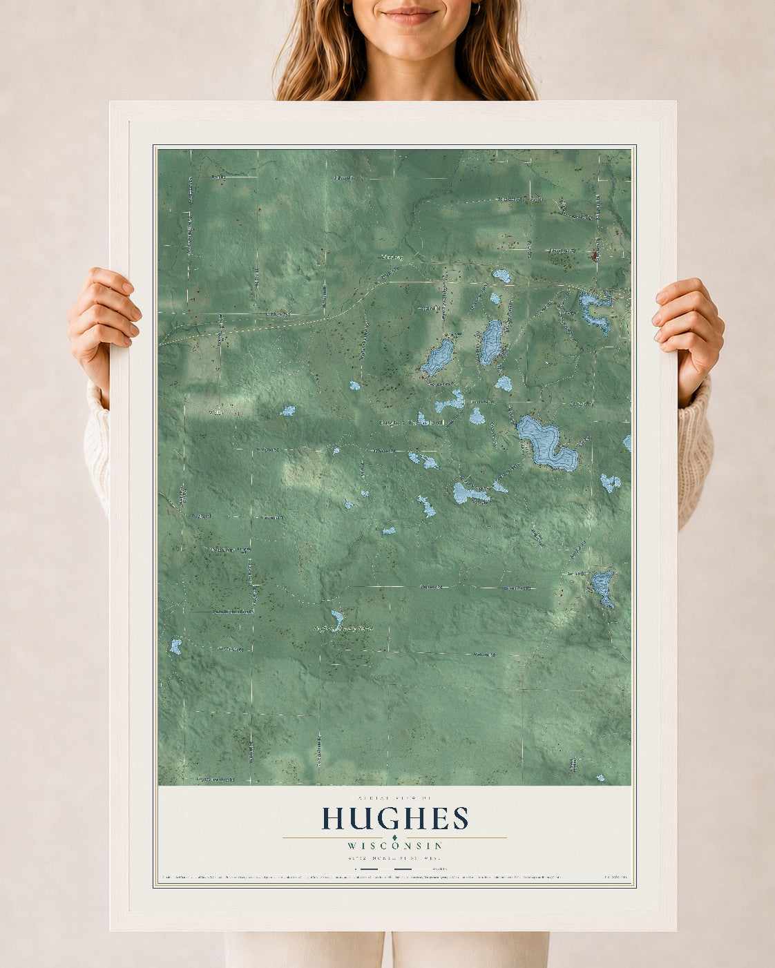 Map of Hughes, Wisconsin, 24 x 36 inch print in a white wood frame
