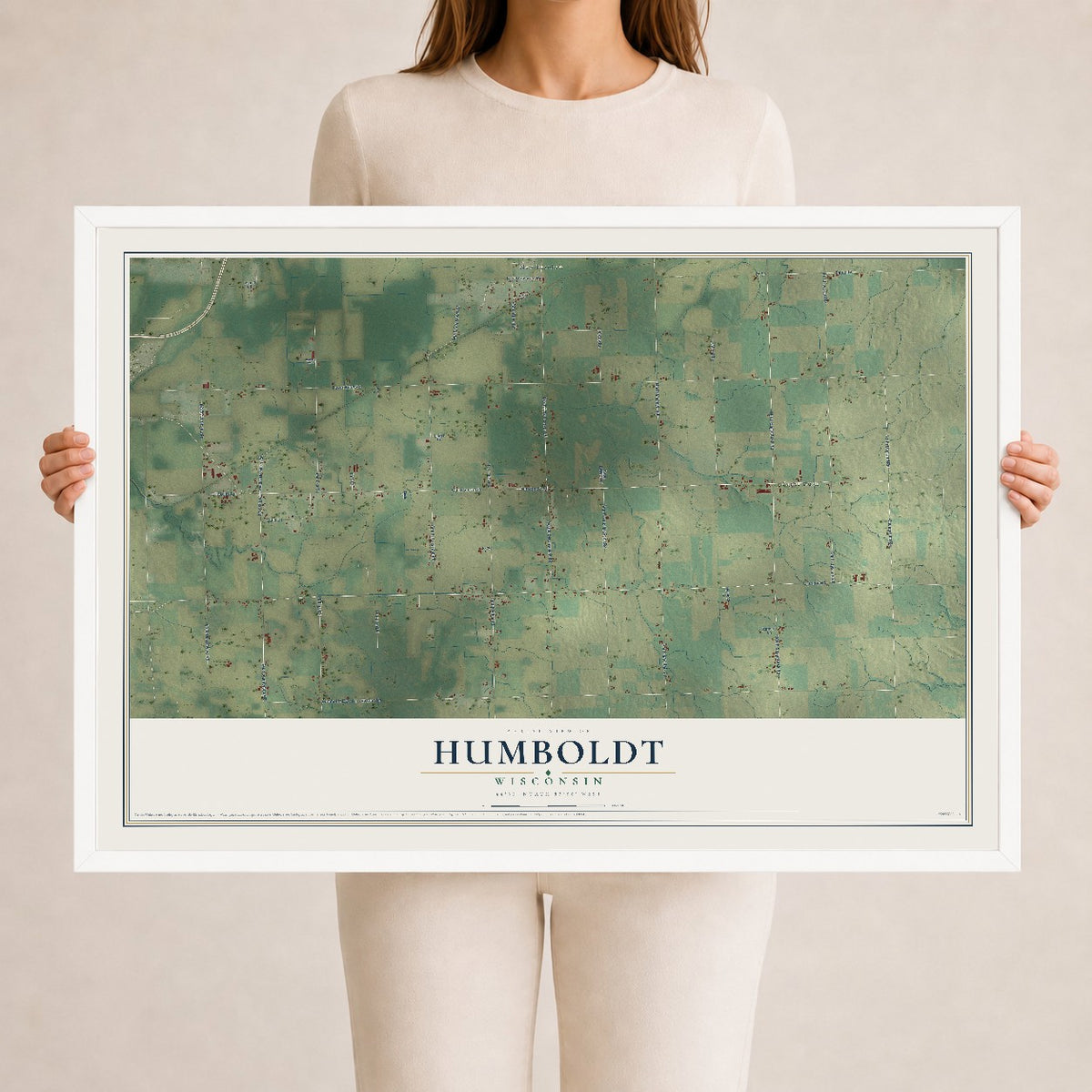 Map of Humboldt, Wisconsin, 24 x 36 inch print in a white wood frame