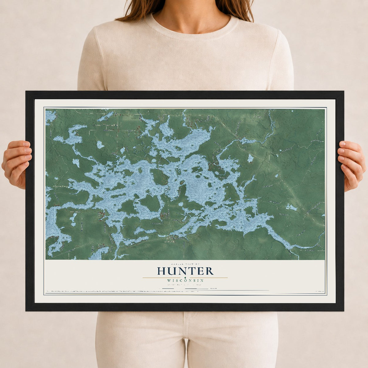 Map of Hunter, Wisconsin, 12 x 18 inch print in a black wood frame