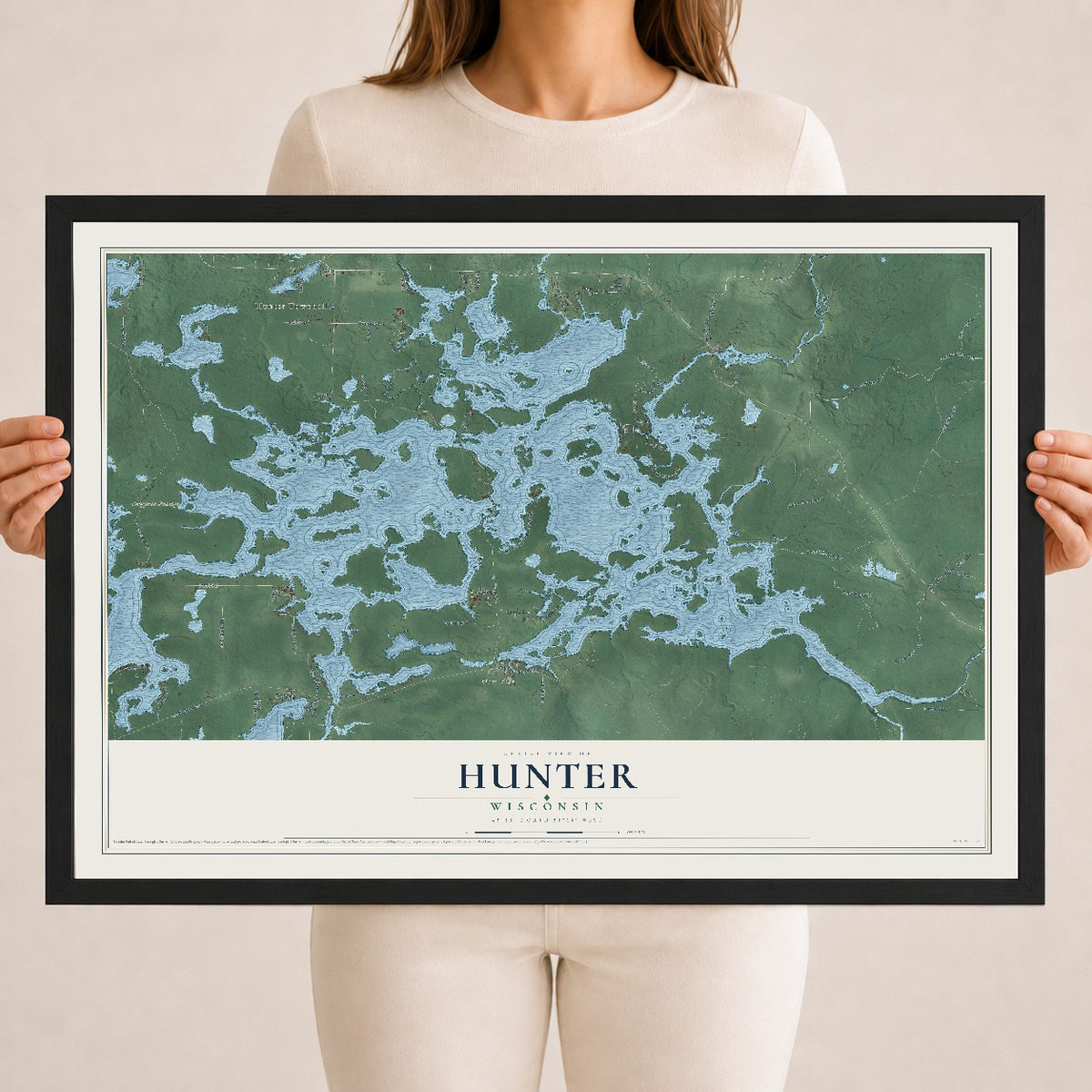 Map of Hunter, Wisconsin, 18 x 24 inch print in a black wood frame
