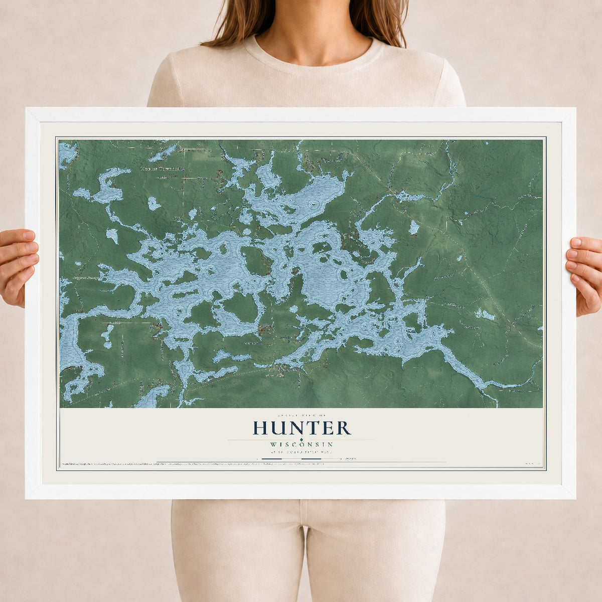 Map of Hunter, Wisconsin, 18 x 24 inch print in a white wood frame