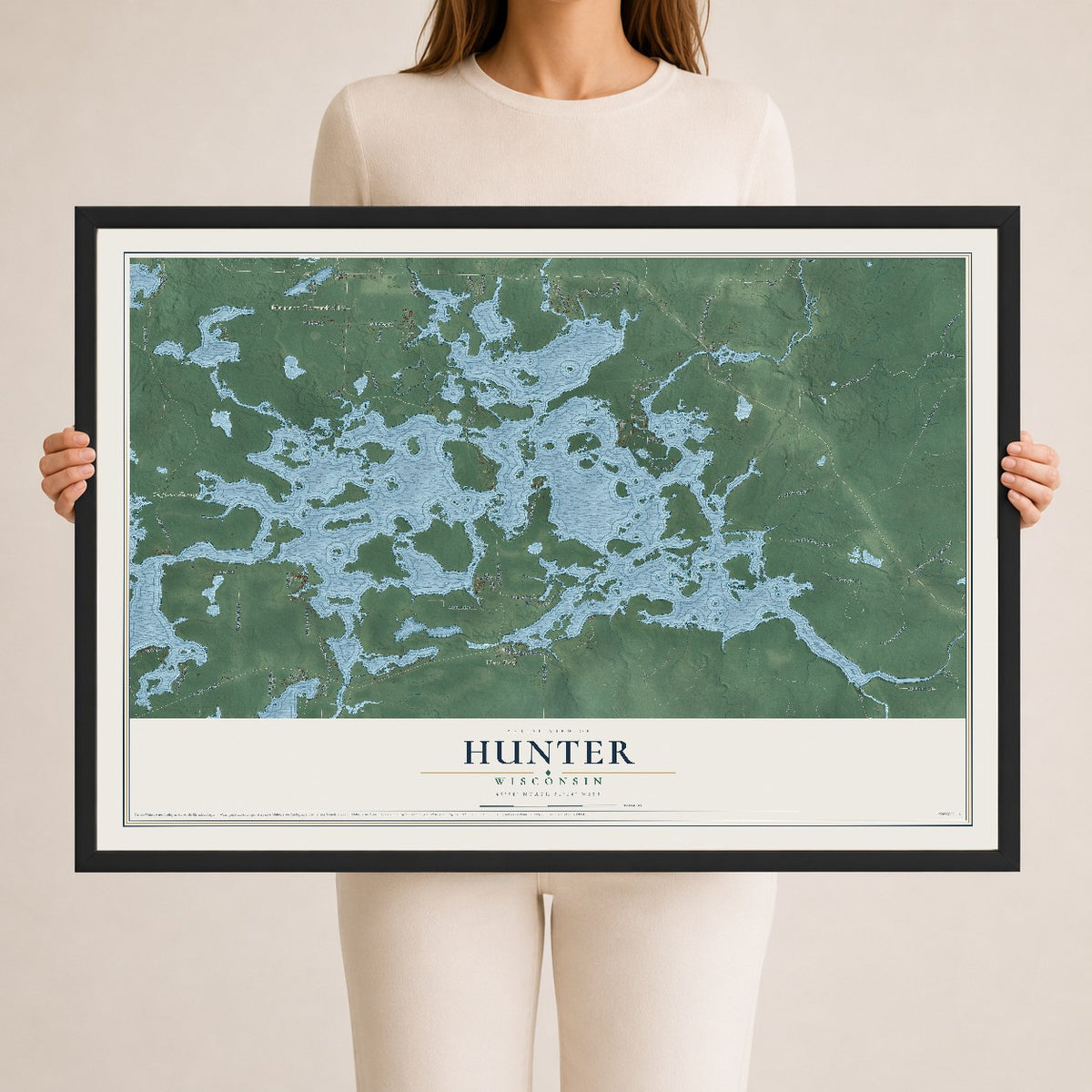 Map of Hunter, Wisconsin, 24 x 36 inch print in a black wood frame