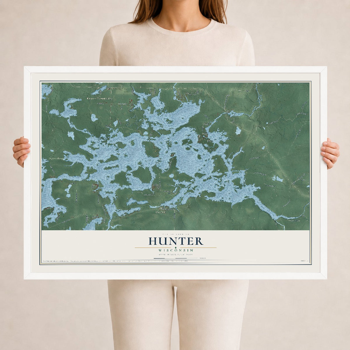 Map of Hunter, Wisconsin, 24 x 36 inch print in a white wood frame
