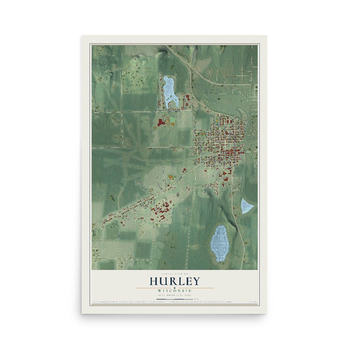 Map of Hurley, Wisconsin, 12 x 18 inch unframed archival matte print