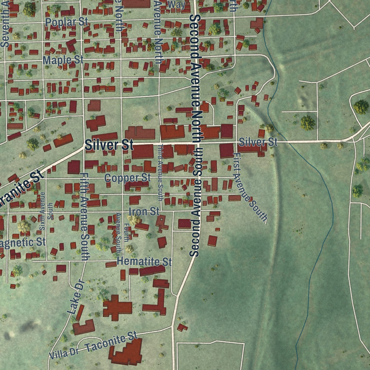 Close-up of the map of Hurley, Wisconsin print showing street and building detail