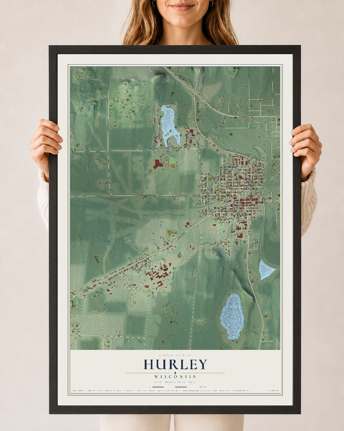 Map of Hurley, Wisconsin, 24 x 36 inch print in a black wood frame