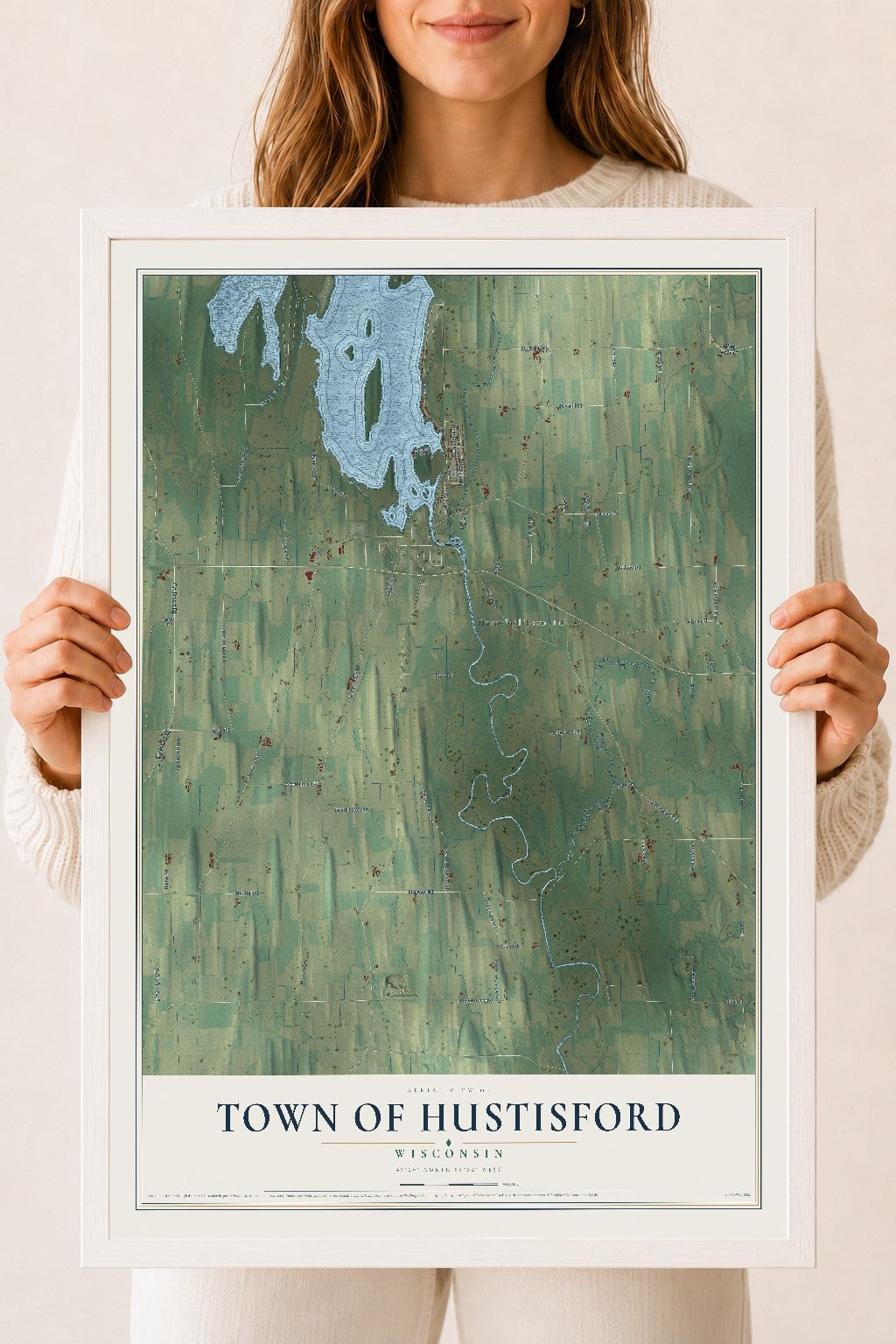 Map of the Town of Hustisford, Wisconsin, 18 x 24 inch print in a white wood frame