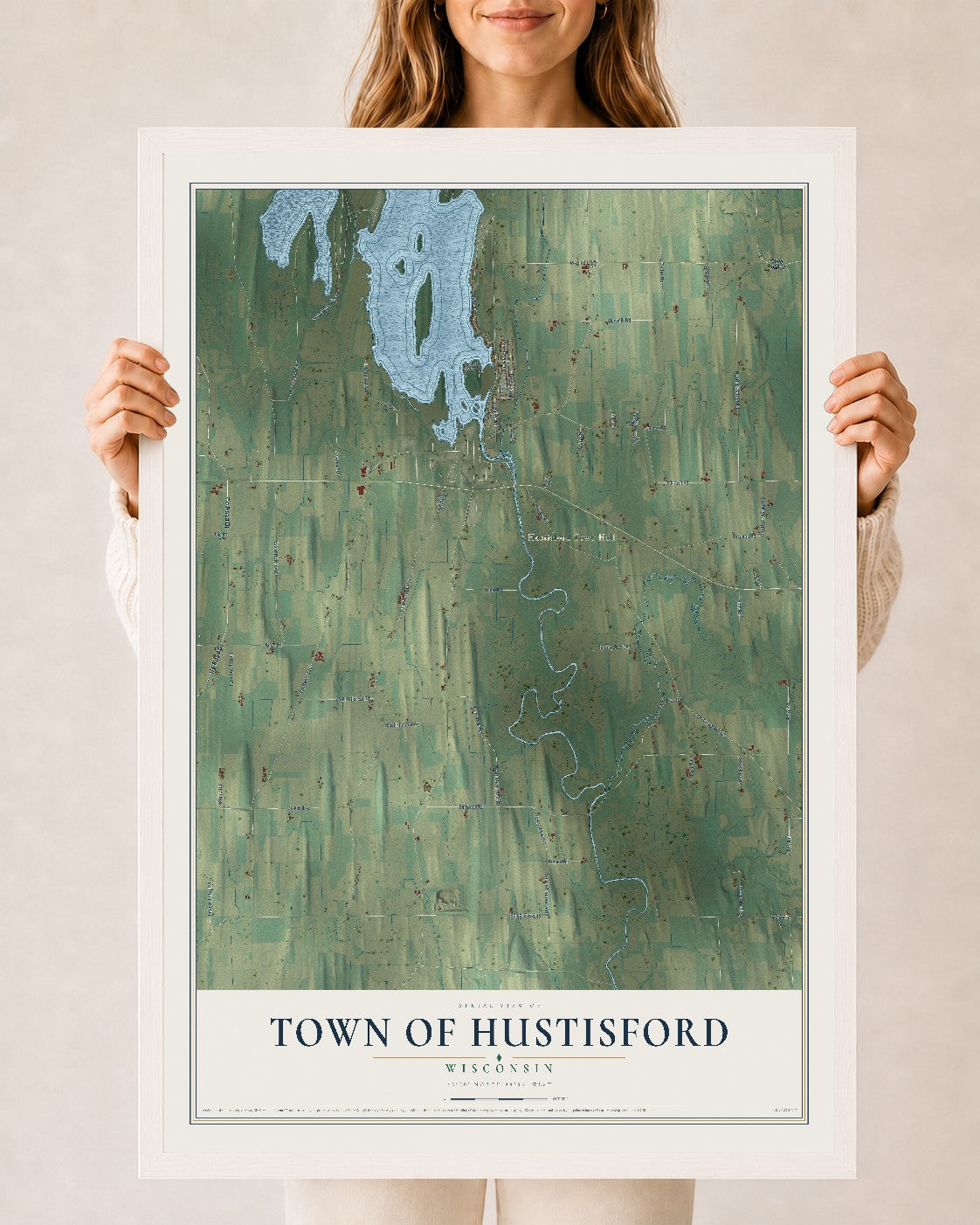 Map of the Town of Hustisford, Wisconsin, 24 x 36 inch print in a white wood frame