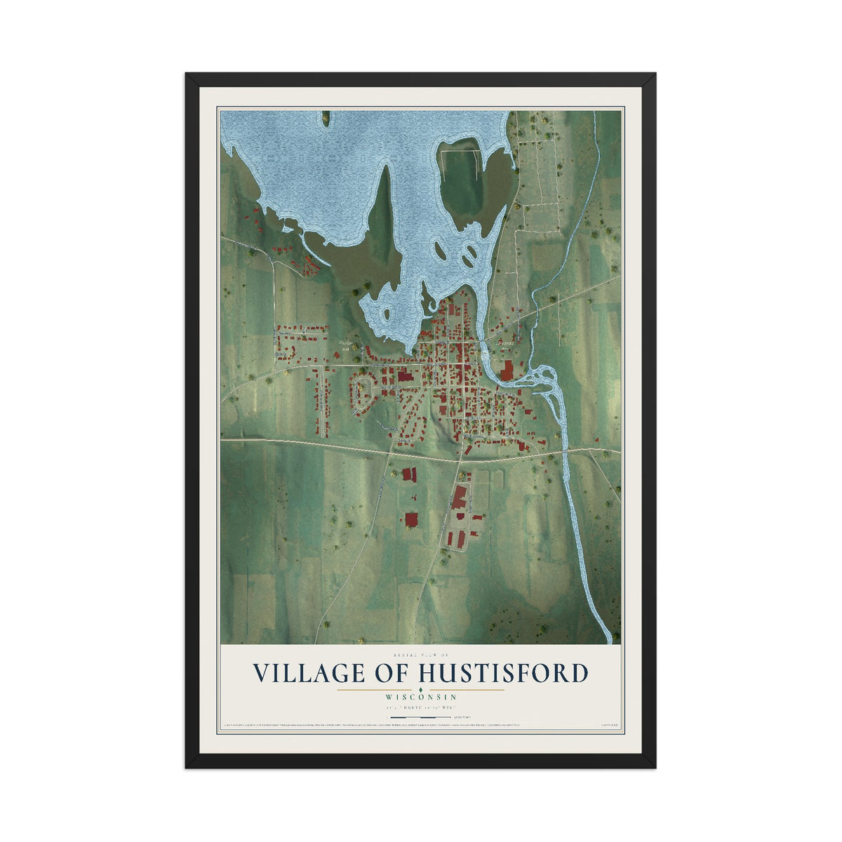 Map of Hustisford, Wisconsin, 12 x 18 inch print in a black wood frame