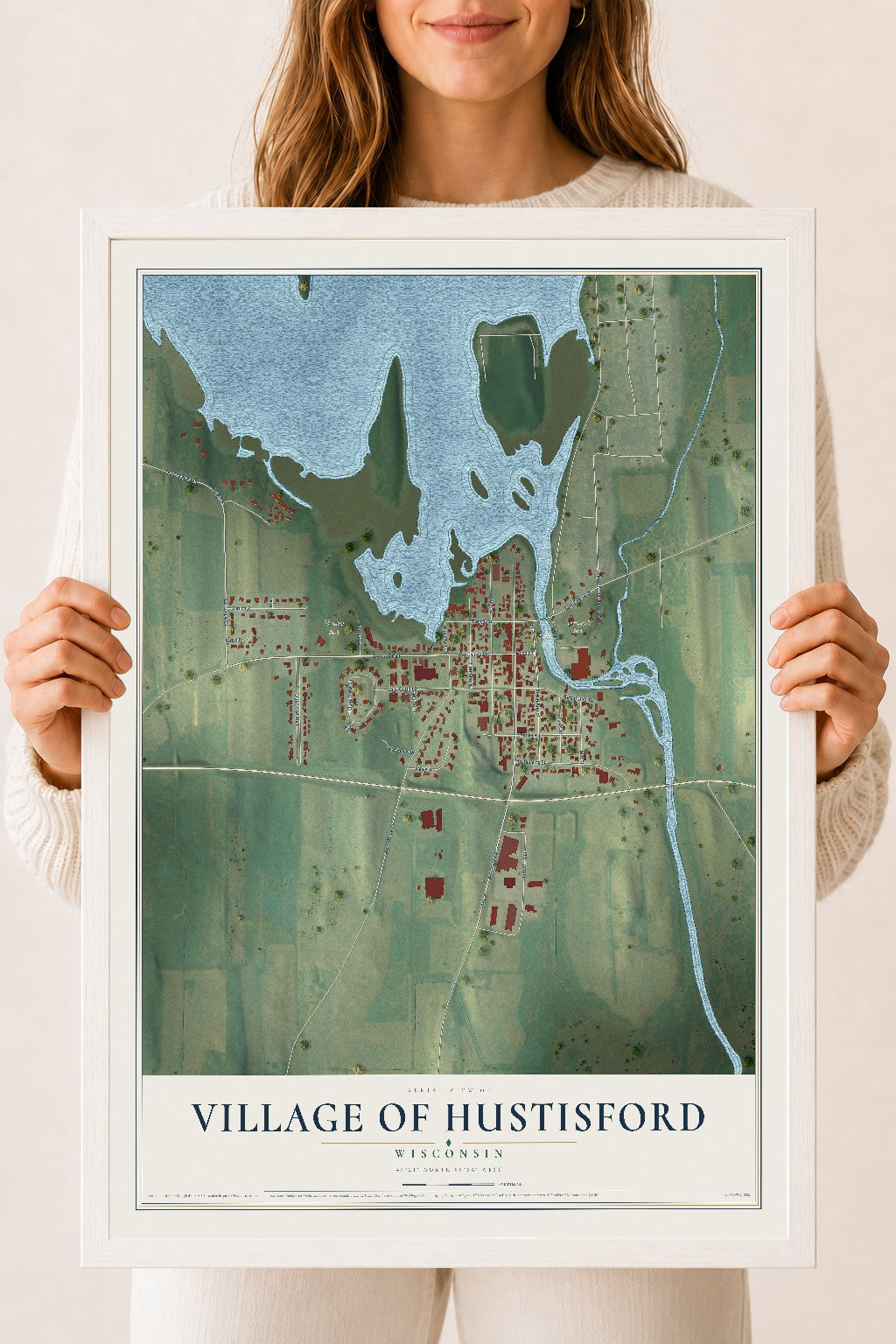 Map of Hustisford, Wisconsin, 18 x 24 inch print in a white wood frame