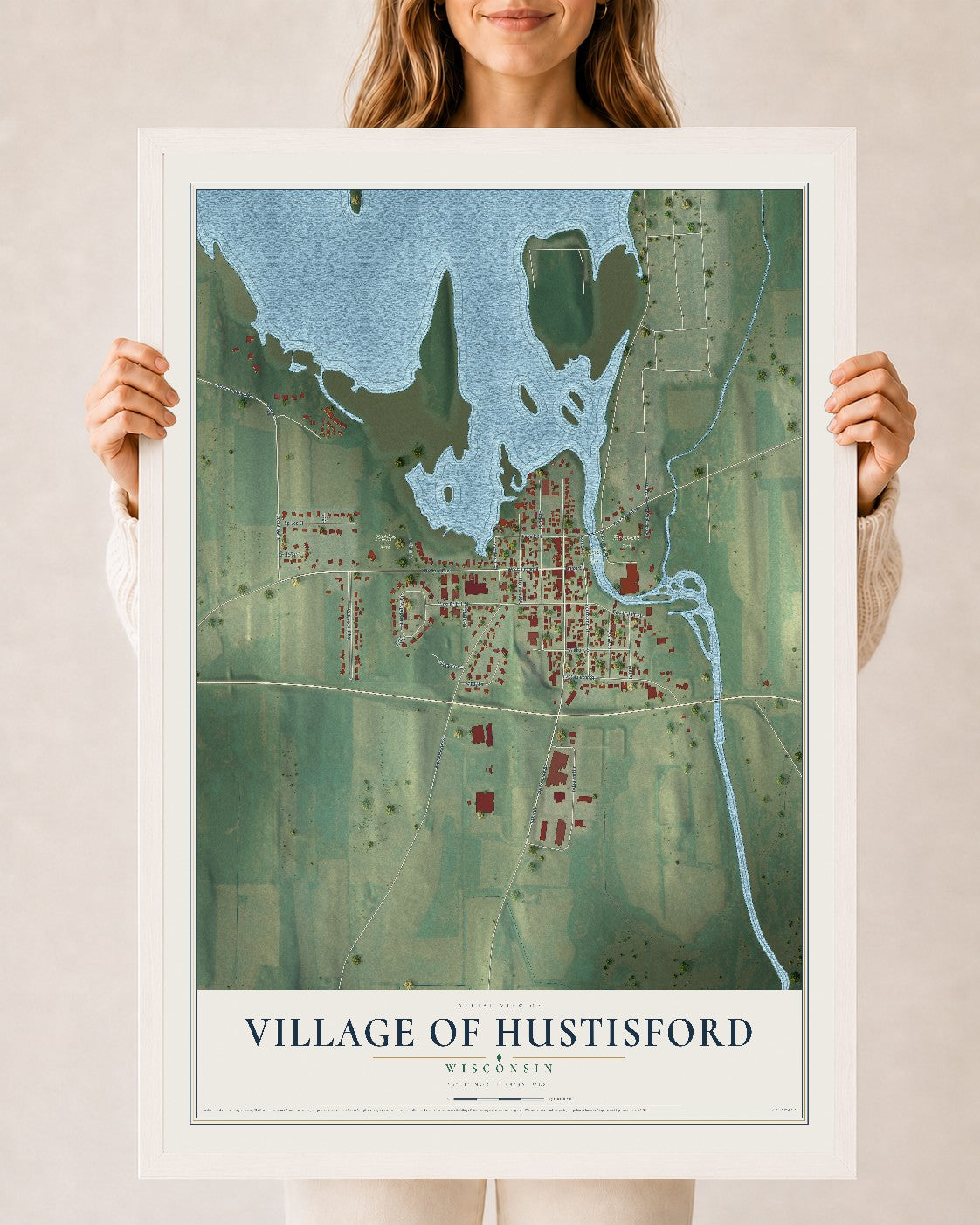 Map of Hustisford, Wisconsin, 24 x 36 inch print in a white wood frame