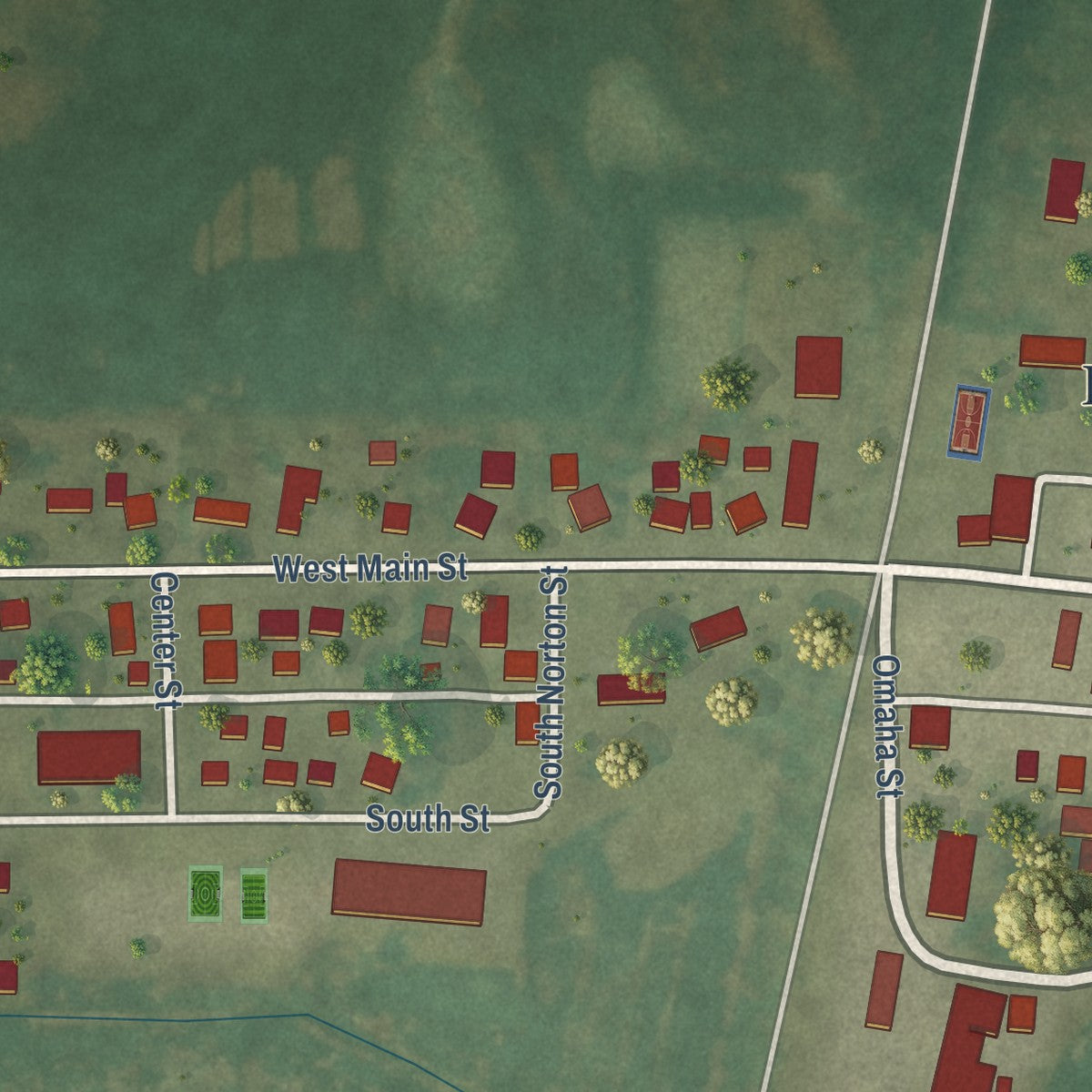 Close-up of the map of Hustler, Wisconsin print showing street and building detail
