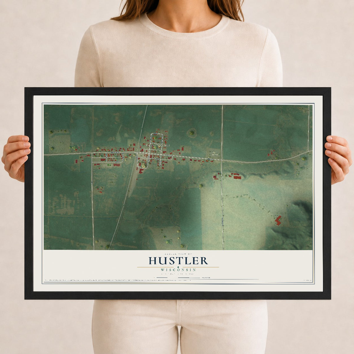 Map of Hustler, Wisconsin, 12 x 18 inch print in a black wood frame
