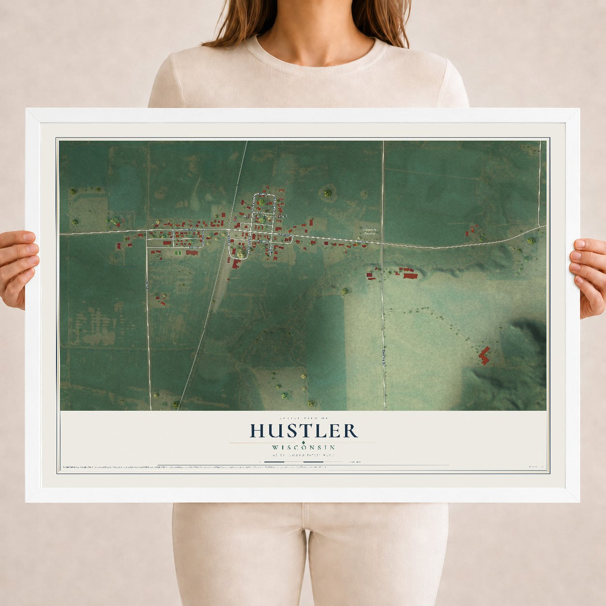 Map of Hustler, Wisconsin, 18 x 24 inch print in a white wood frame