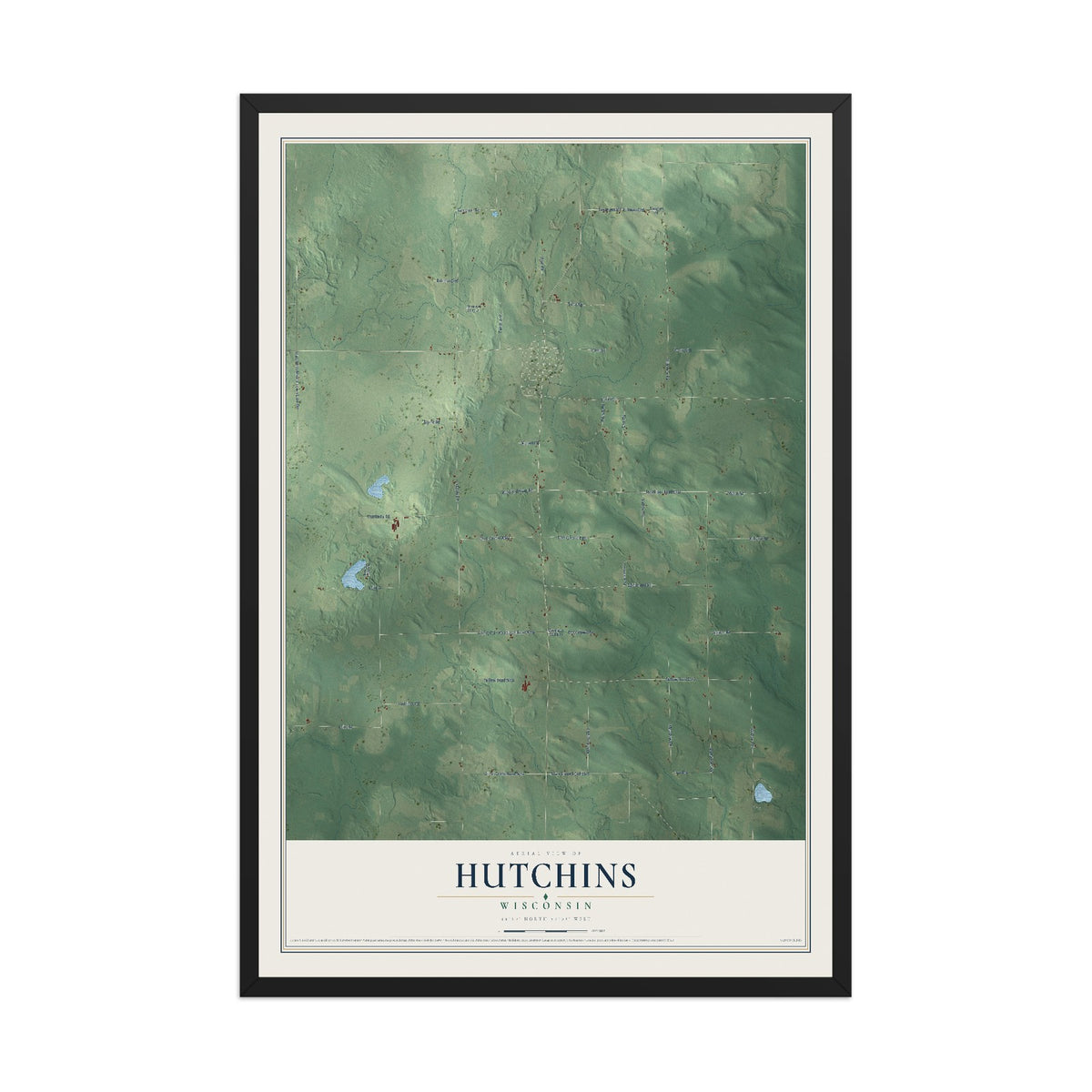 Map of Hutchins, Wisconsin, 12 x 18 inch print in a black wood frame