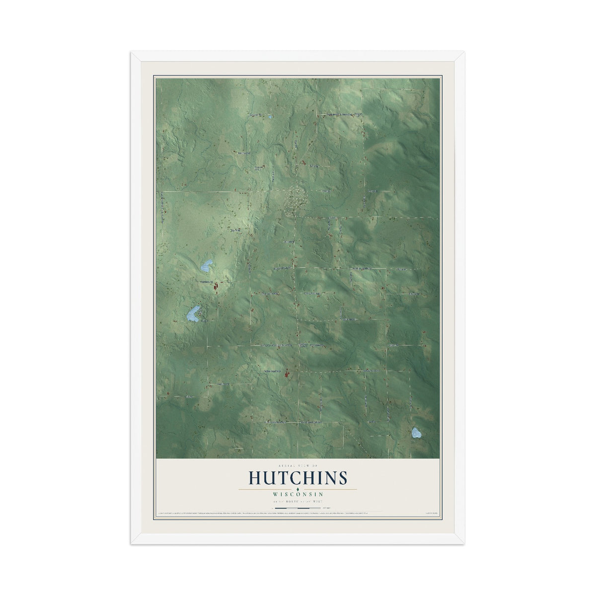 Map of Hutchins, Wisconsin, 12 x 18 inch print in a white wood frame