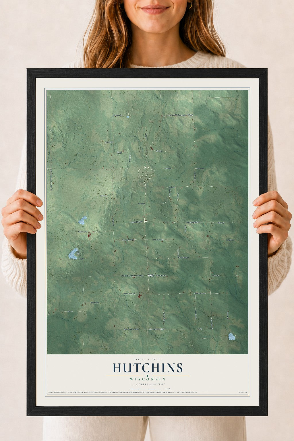 Map of Hutchins, Wisconsin, 18 x 24 inch print in a black wood frame