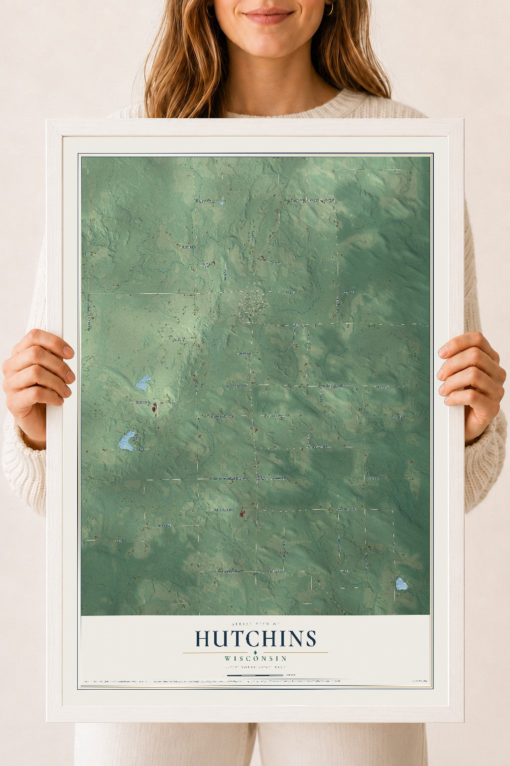 Map of Hutchins, Wisconsin, 18 x 24 inch print in a white wood frame