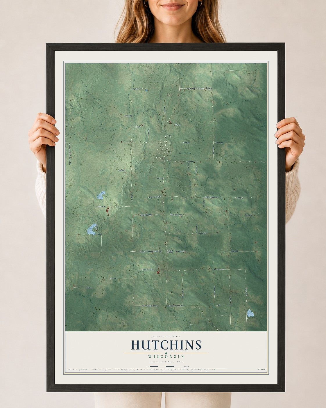 Map of Hutchins, Wisconsin, 24 x 36 inch print in a black wood frame