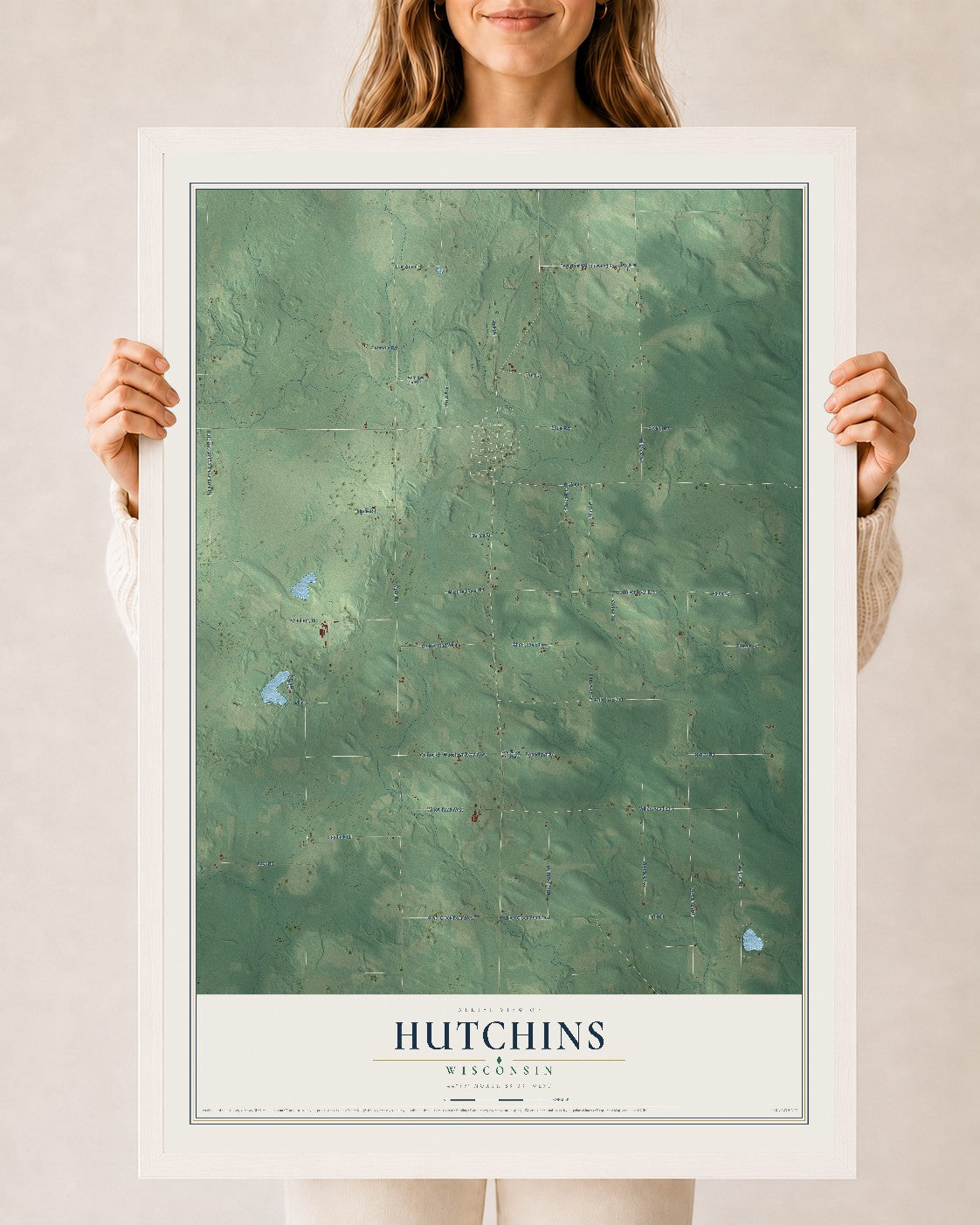 Map of Hutchins, Wisconsin, 24 x 36 inch print in a white wood frame