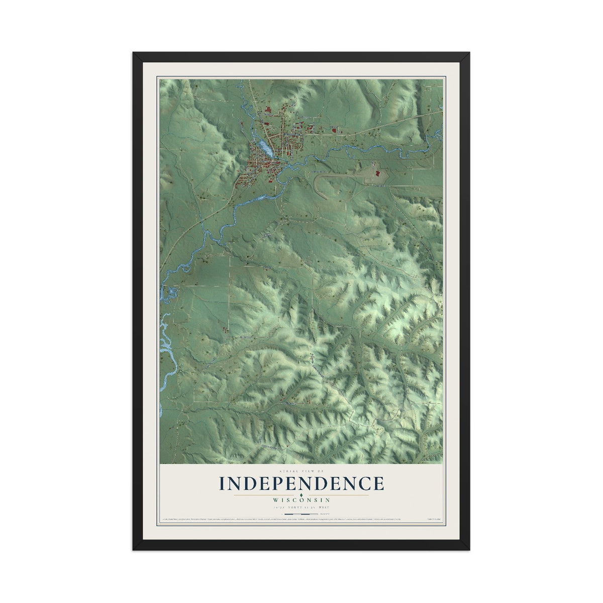Map of Independence, Wisconsin, 12 x 18 inch print in a black wood frame