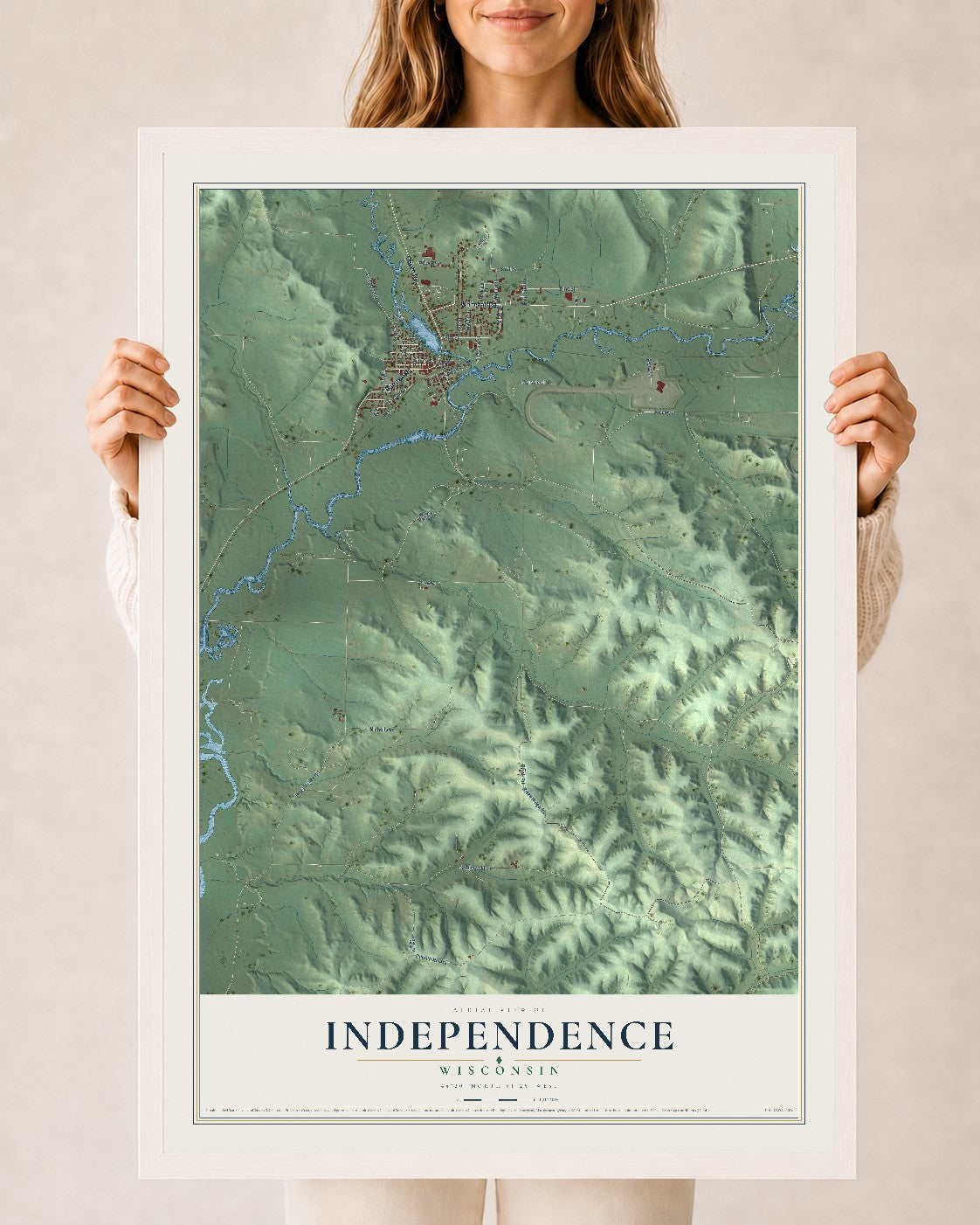 Map of Independence, Wisconsin, 24 x 36 inch print in a white wood frame