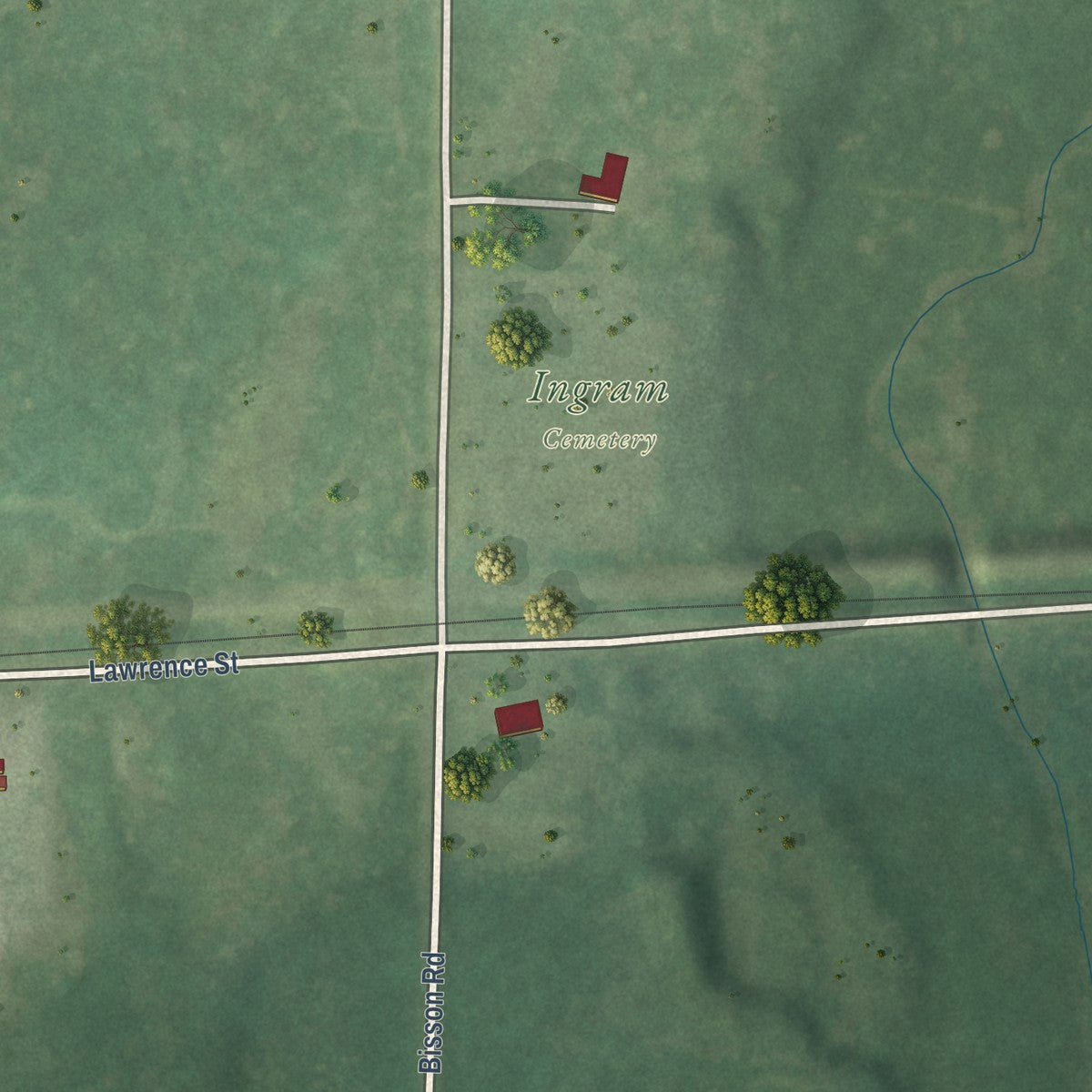 Second close-up of the map of Ingram, Wisconsin print showing more streets and buildings