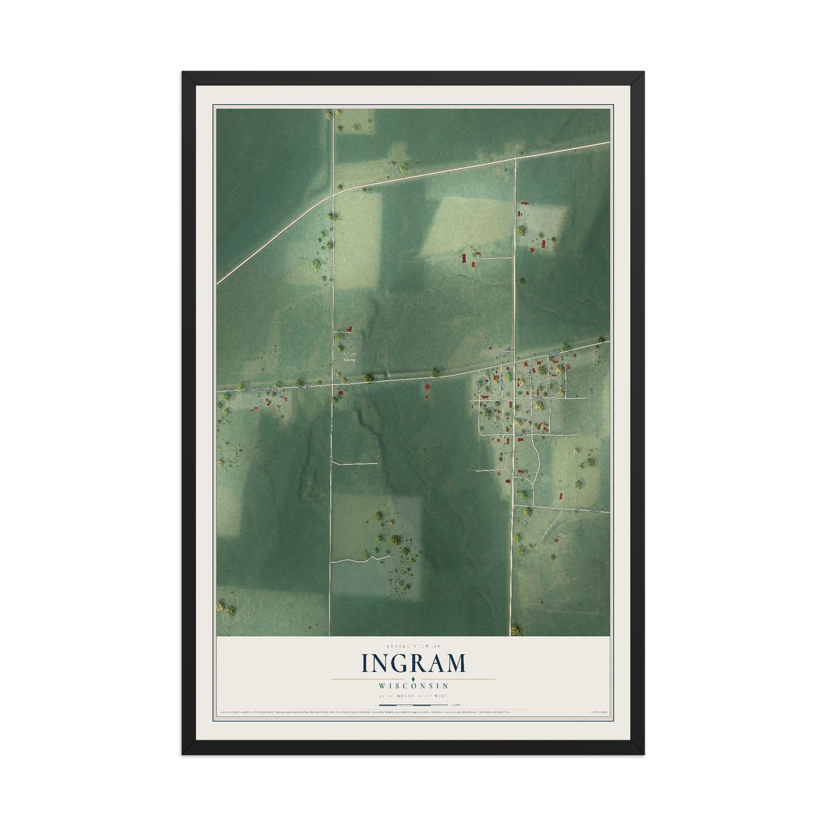 Map of Ingram, Wisconsin, 12 x 18 inch print in a black wood frame