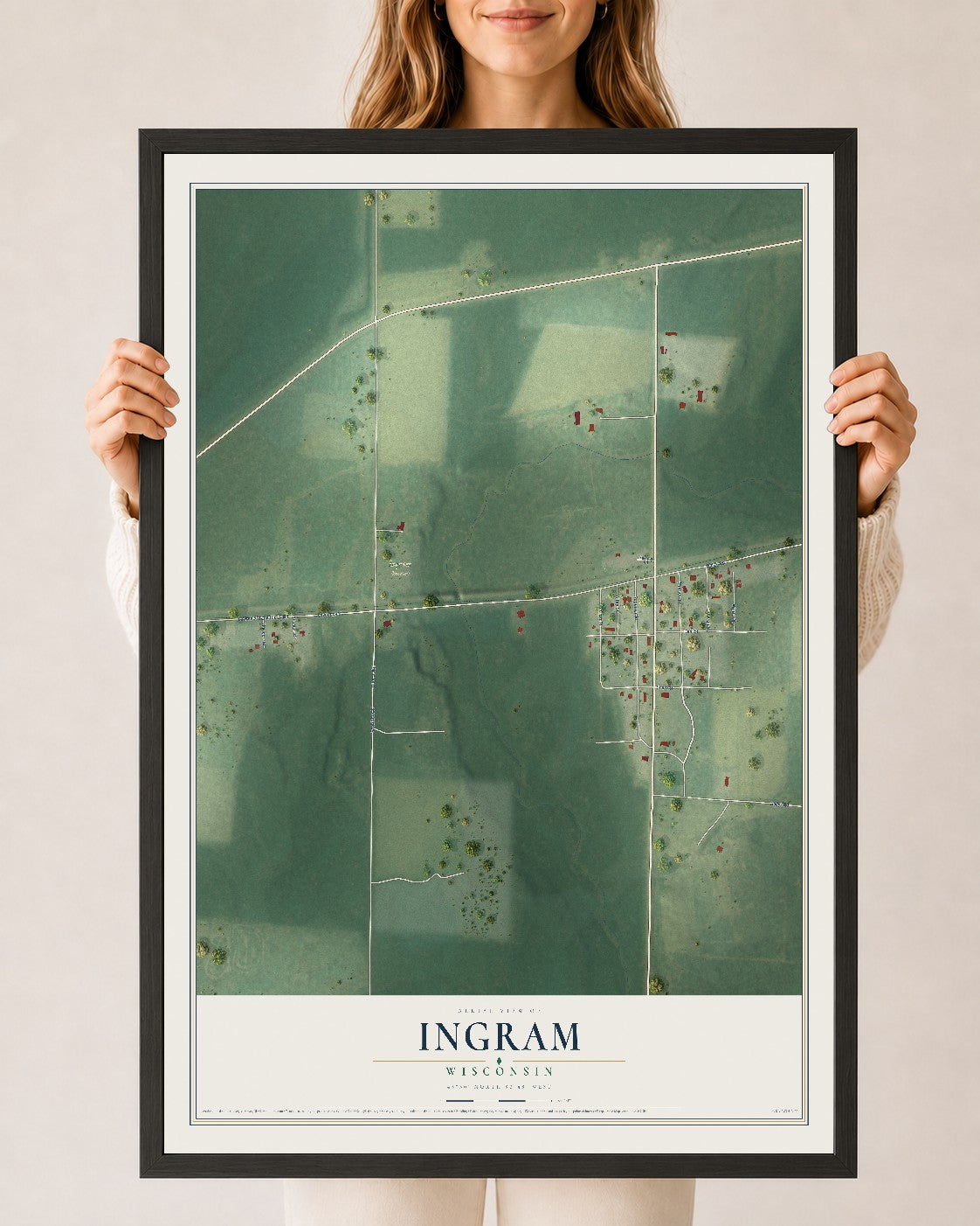 Map of Ingram, Wisconsin, 24 x 36 inch print in a black wood frame