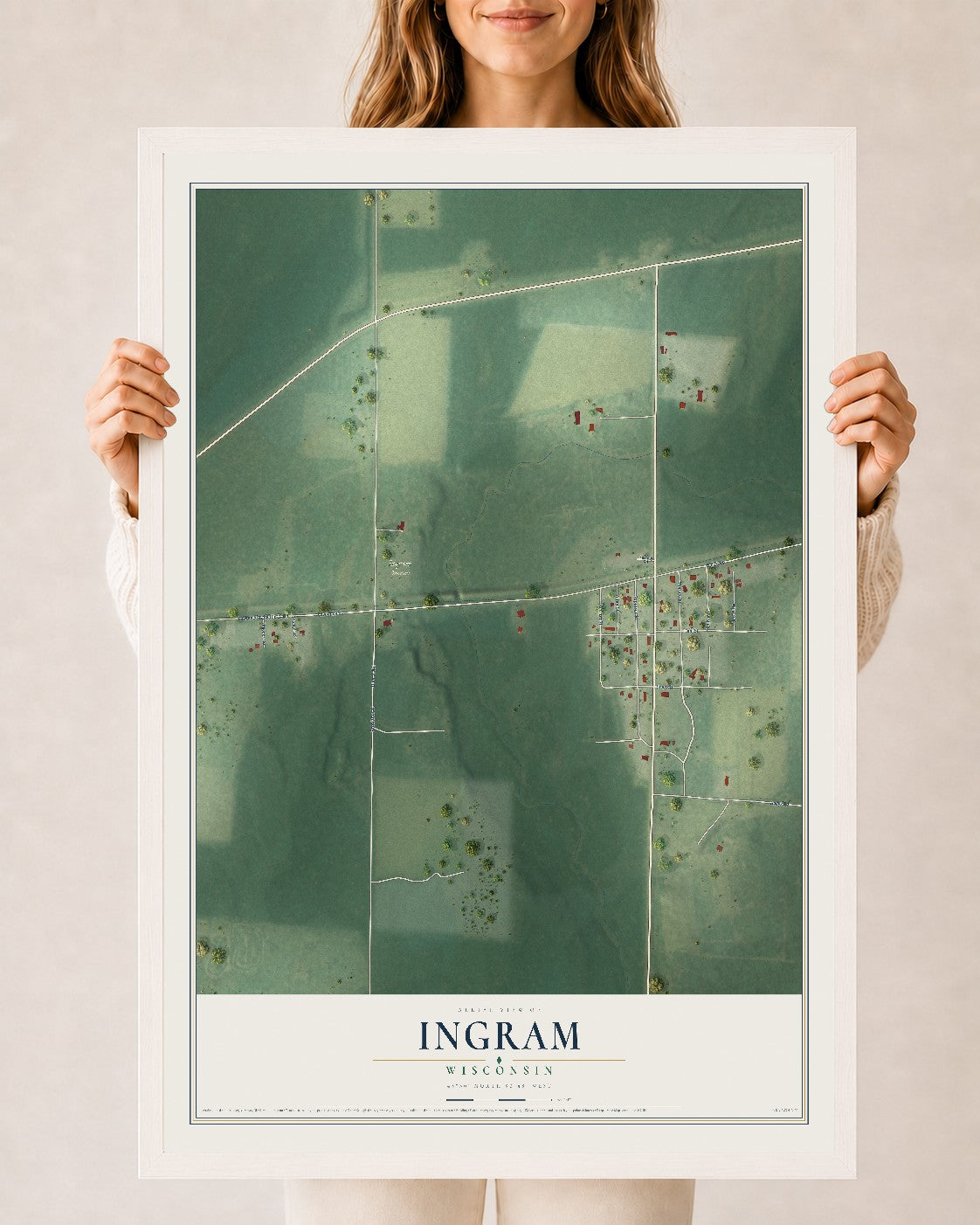 Map of Ingram, Wisconsin, 24 x 36 inch print in a white wood frame