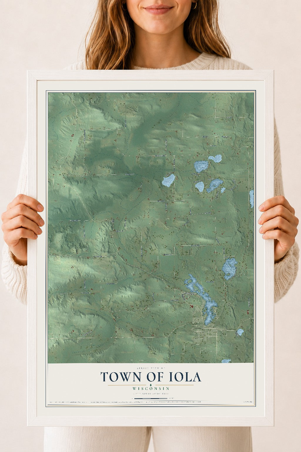 Map of the Town of Iola, Wisconsin, 18 x 24 inch print in a white wood frame