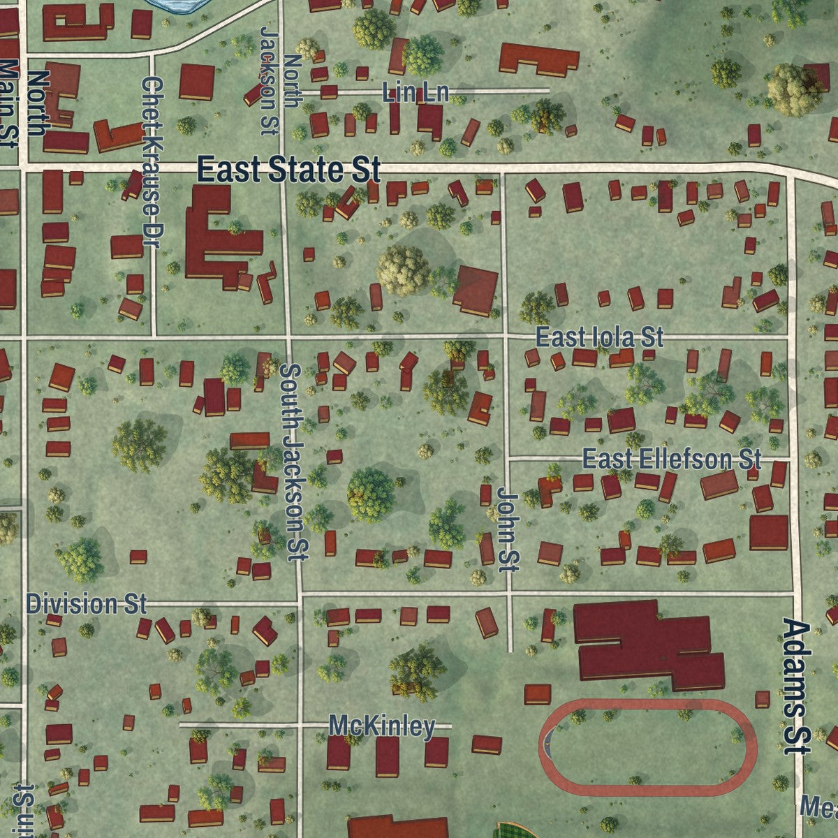 Close-up of the map of Iola, Wisconsin print showing street and building detail