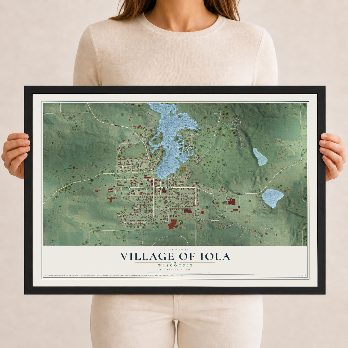 Map of Iola, Wisconsin, 12 x 18 inch print in a black wood frame