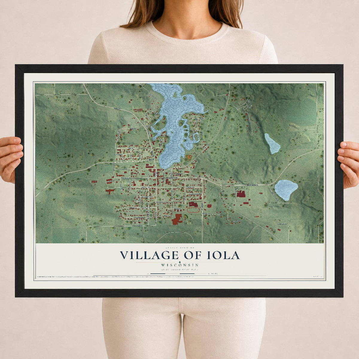 Map of Iola, Wisconsin, 18 x 24 inch print in a black wood frame