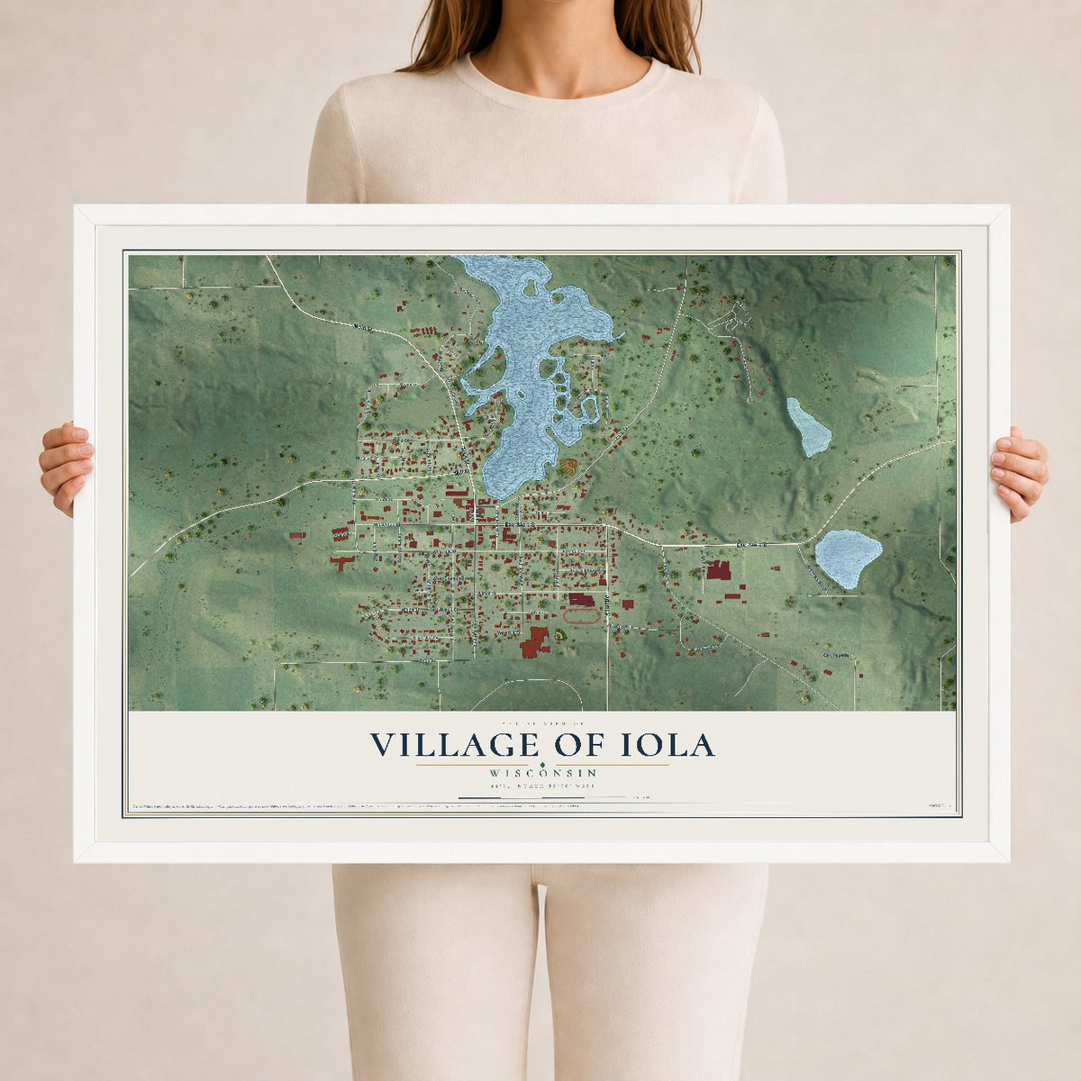 Map of Iola, Wisconsin, 24 x 36 inch print in a white wood frame