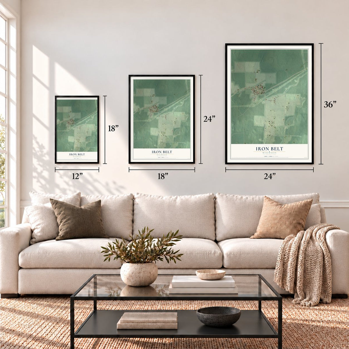 Iron Belt, Wisconsin map in 12 x 18, 18 x 24 and 24 x 36 inch sizes above a sofa