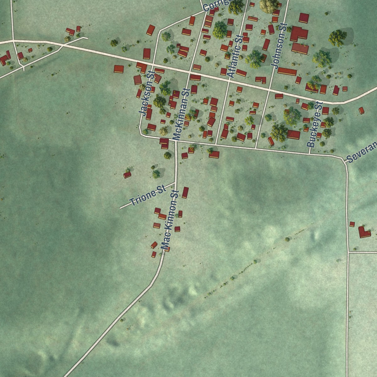 Close-up of the map of Iron Belt, Wisconsin print showing street and building detail